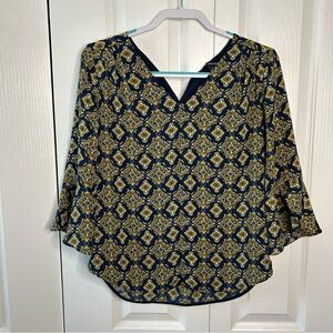 41 Hawthorn Top Women’s Small Blue Yellow Print Bell Sleeve Chiffon Boho Popover